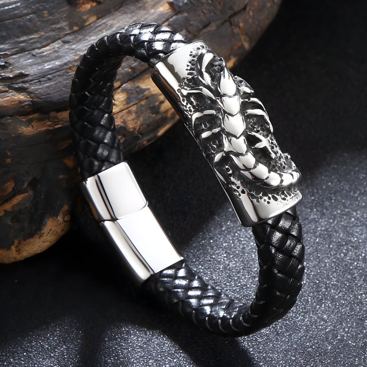 Bracelet en cuir, motif scorpion, modèle Cassien - Bracelet - 21 cm (Taille unique)