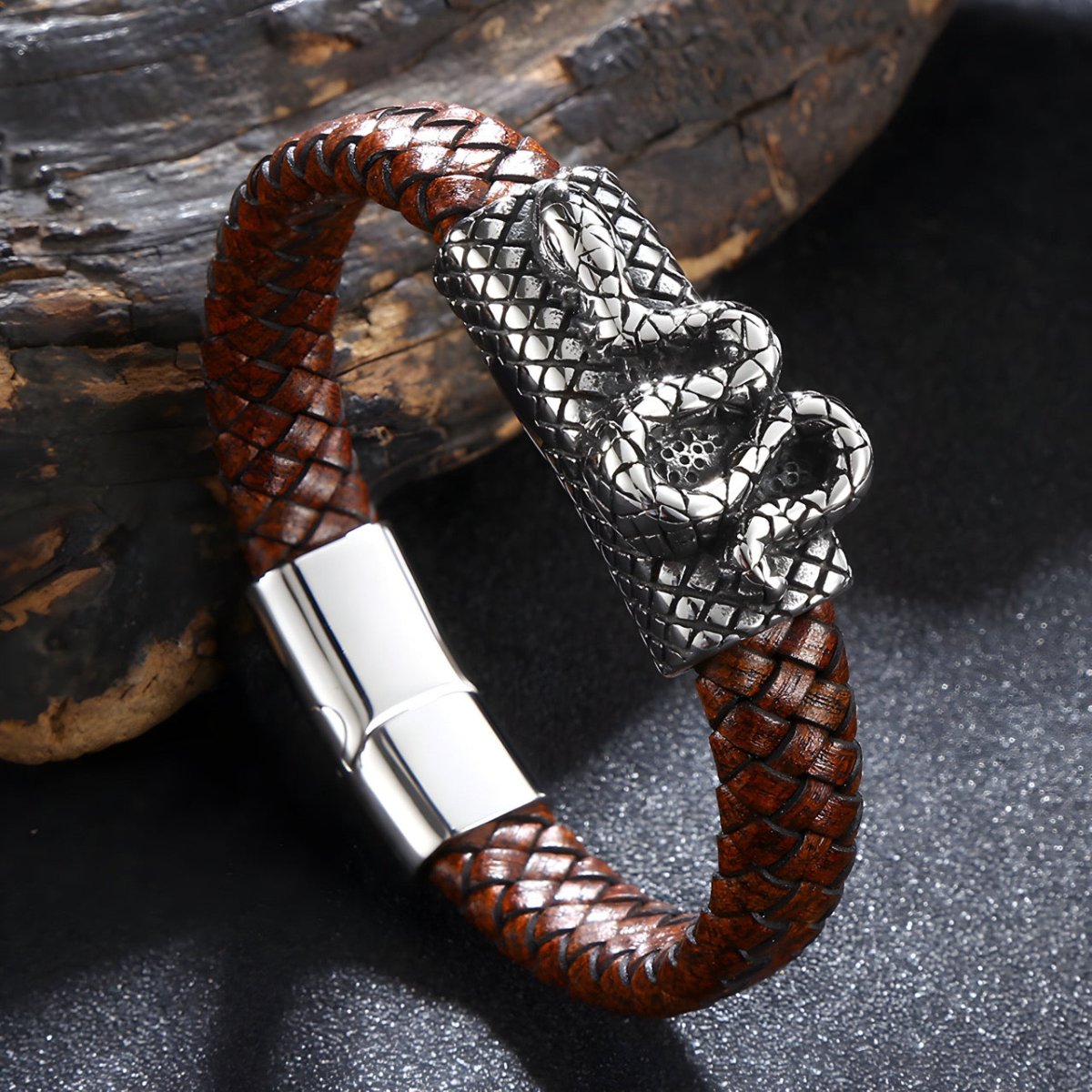 Bracelet en cuir, motif serpent, modèle Oscar - Bracelet - 21 cm (Taille unique)
