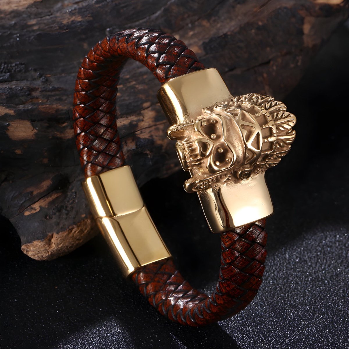 Bracelet en cuir, motif tête de mort indienne, modèle Otis - Bracelet - 21 cm (Taille unique) Marron