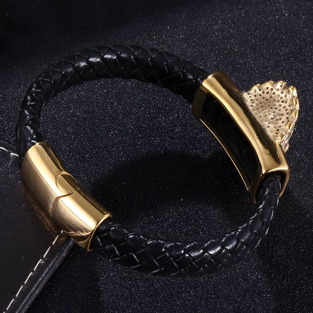 Bracelet en cuir, motif tête de mort indienne, modèle Otis - Bracelet - 21 cm (Taille unique) Noir