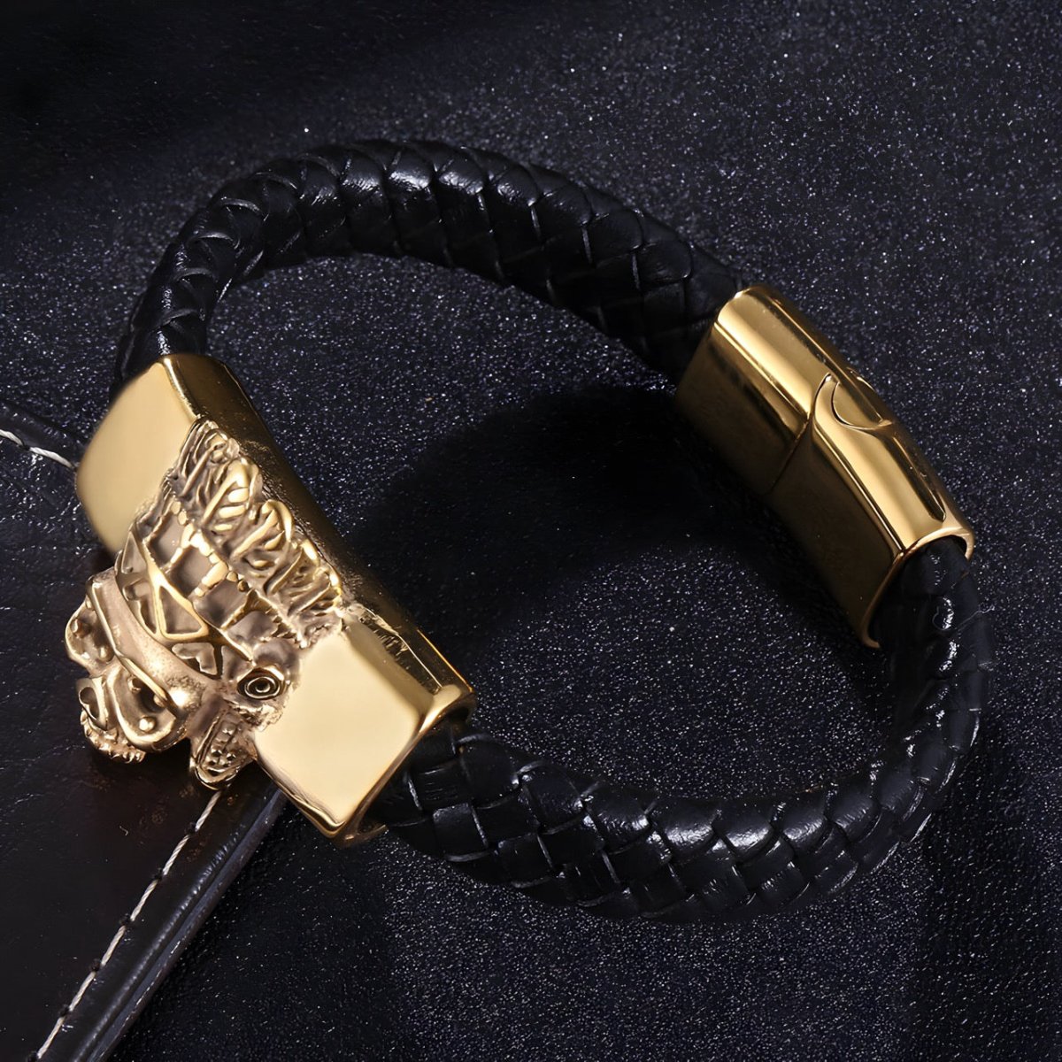 Bracelet en cuir, motif tête de mort indienne, modèle Otis - Bracelet - 21 cm (Taille unique) Noir