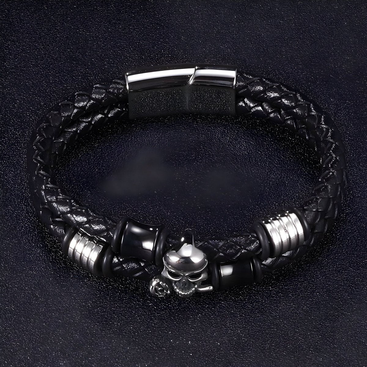 Bracelet en cuir, motif tête de mort tenant une rose, modèle Ludo - Bracelet - 21 cm (Taille unique)