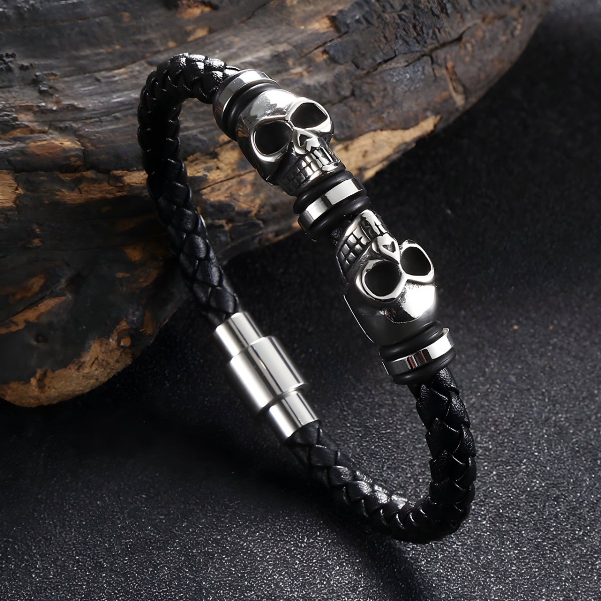 Bracelet en cuir, motif têtes de mort face à face, modèle Lazare - Bracelet - 21 cm (Taille unique) Noir