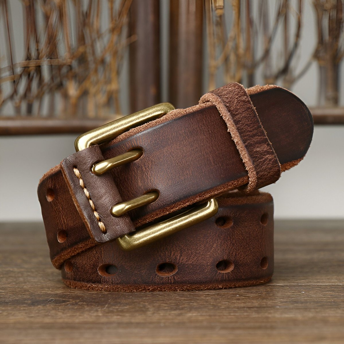 Ceinture en cuir homme à double ardillon et détaillée, modèle Jocelyn - Ceinture - Marron 100 cm