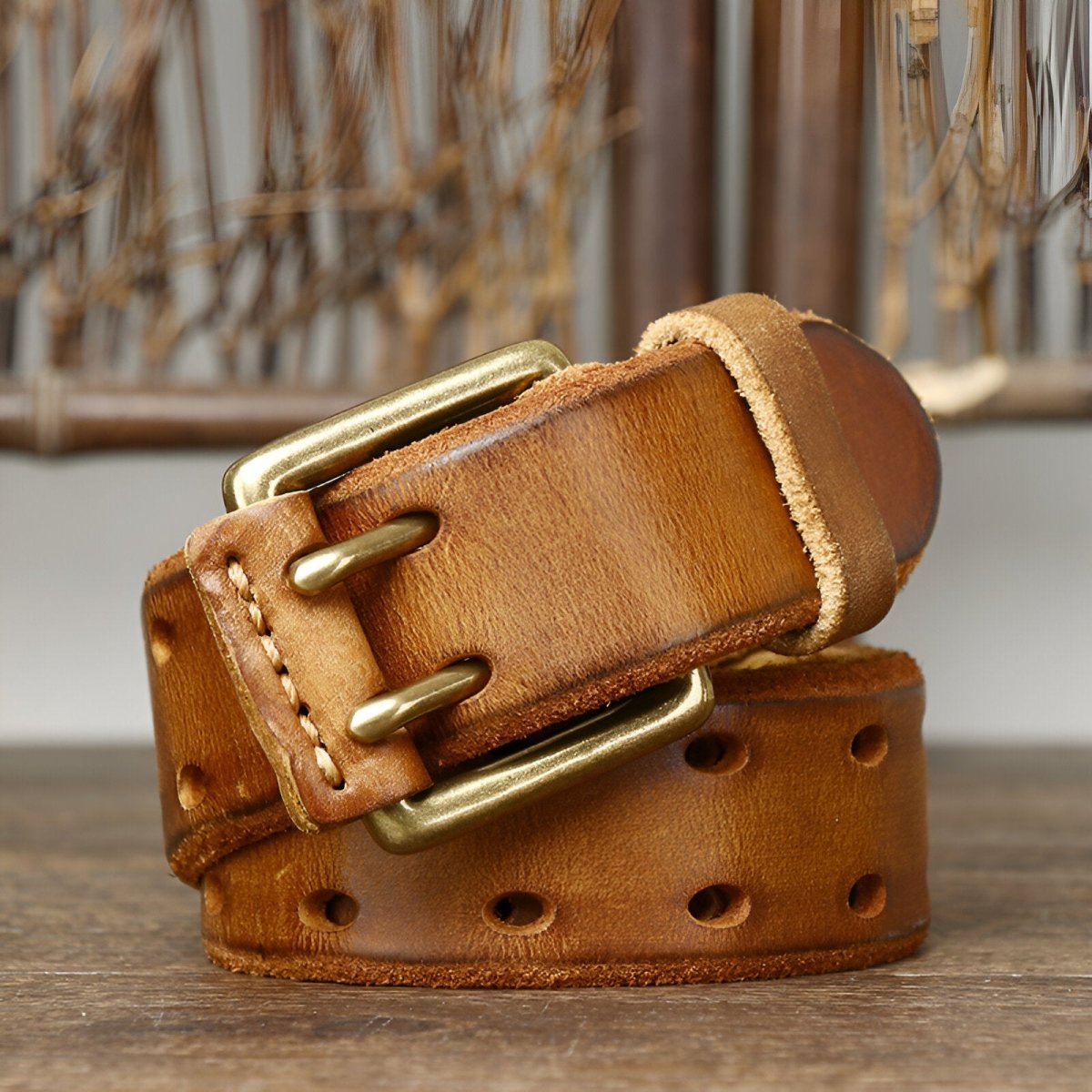 Ceinture en cuir homme à double ardillon et détaillée, modèle Jocelyn - Ceinture - Cognac 100 cm