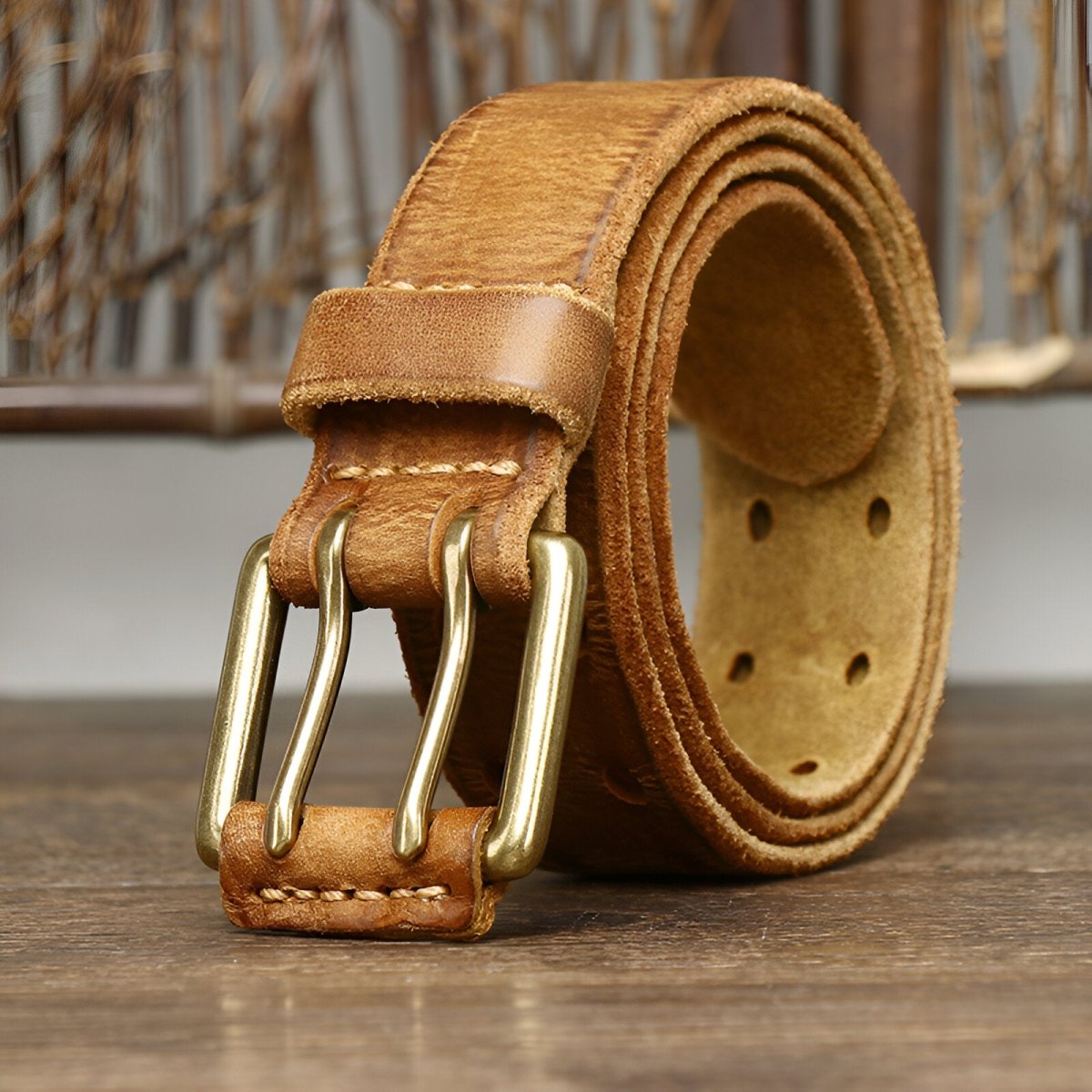 Ceinture en cuir homme à double ardillon et détaillée, modèle Jocelyn - Ceinture - Cognac 100 cm