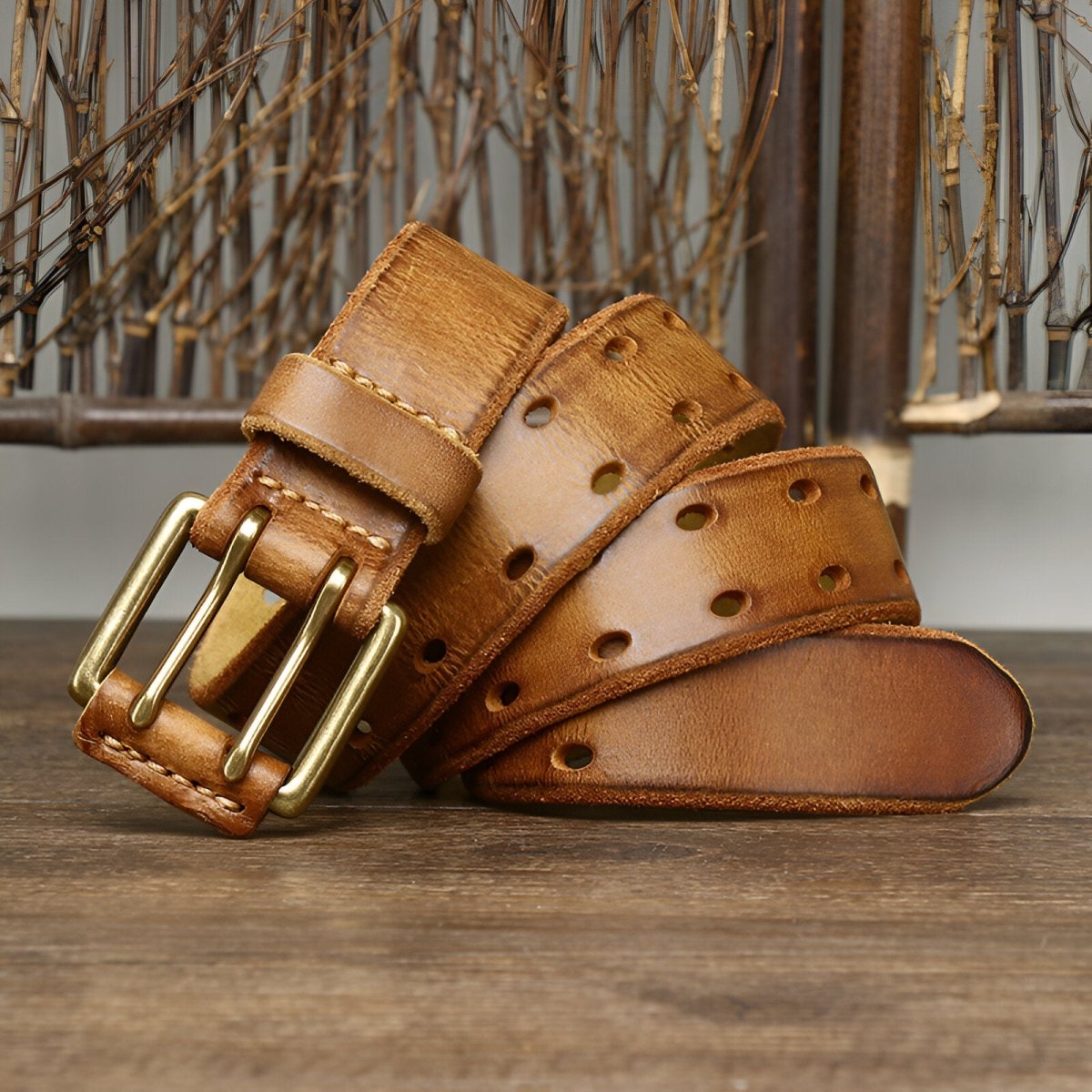 Ceinture en cuir homme à double ardillon et détaillée, modèle Jocelyn - Ceinture - Cognac 100 cm